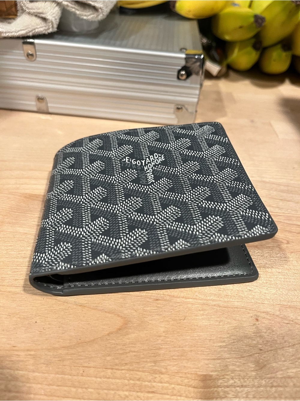 Gray Leather Card Wallet with Embossed Logo - Picture 3 of 5